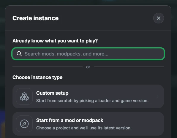 The Start from a mod or modpack option in the Create instance dialog